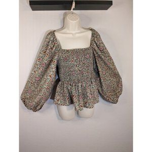 blu pepper Puff Sleeve Smocked Top Square Neck Olive Paisley Size Med
